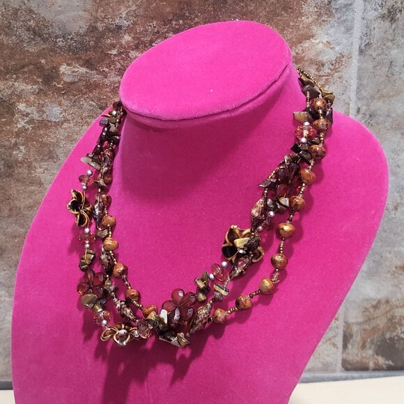 Multi Strand Beaded Necklace Brown Amber Bronze Beads - Picture 4 of 10